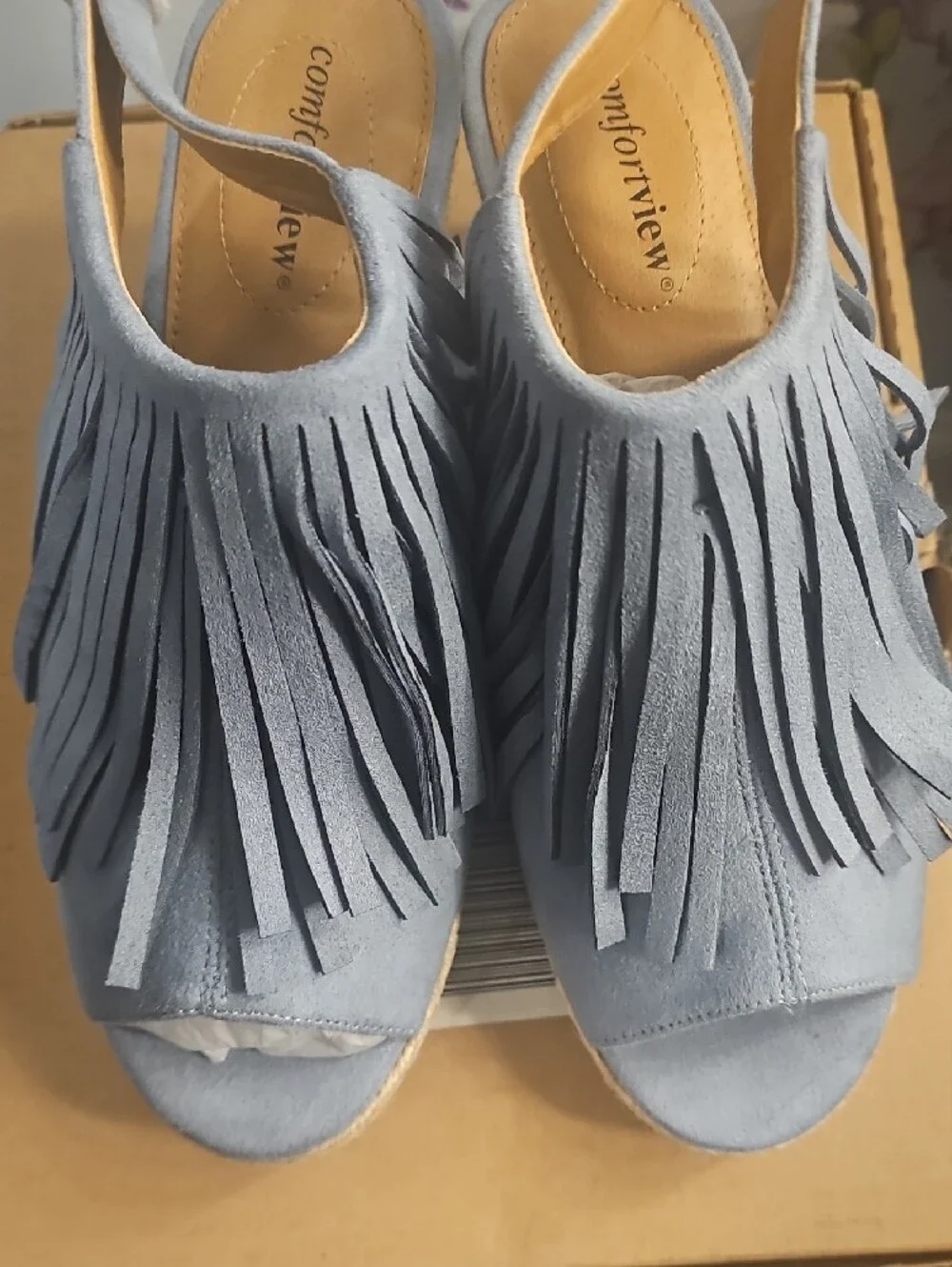 comfortview Light Blue Fringe Espadrille Wedge Sandals